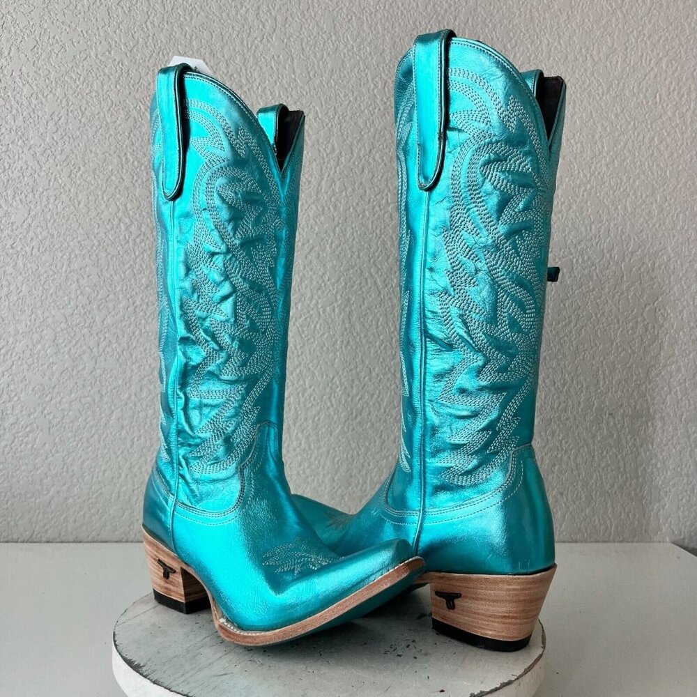 Turquoise Metallic Western Heeled Boots - Women's Fashion